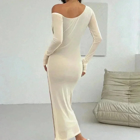 Apricot Elegant Women's Vintage Asymmetric Pleated One Shoulder Ruched Hem Dress - Picture 3 of 7